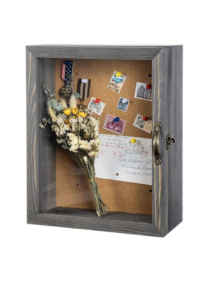 11X14 Vintage Gray Solid Wood Shadow Box With Cork Board Backing Wall Mounted Display Case With Clear Acrylic Front Window Panel Metal Handle And Latch