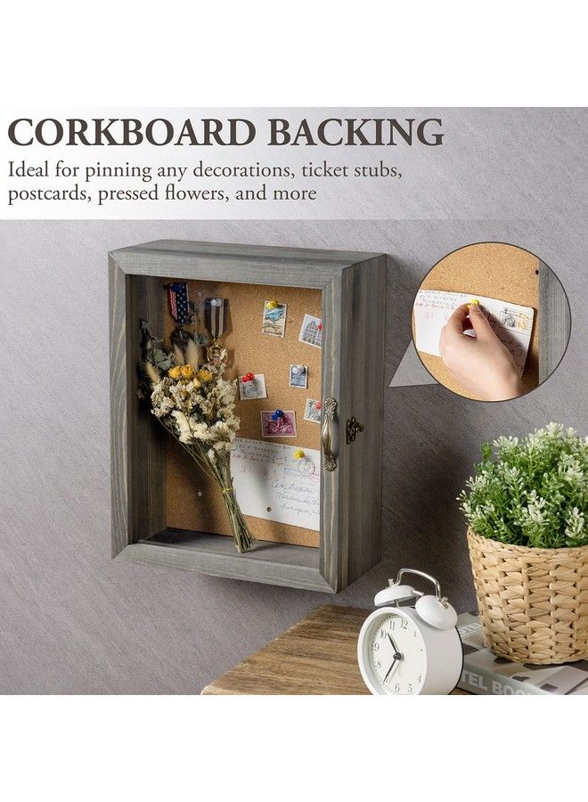 11X14 Vintage Gray Solid Wood Shadow Box With Cork Board Backing Wall Mounted Display Case With Clear Acrylic Front Window Panel Metal Handle And Latch