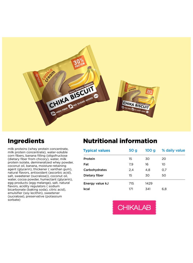 Chika Biscuit Protein Cookie Cream Filling Banana Brownie Flavor High Fiber and No Sugar Added 9x50g