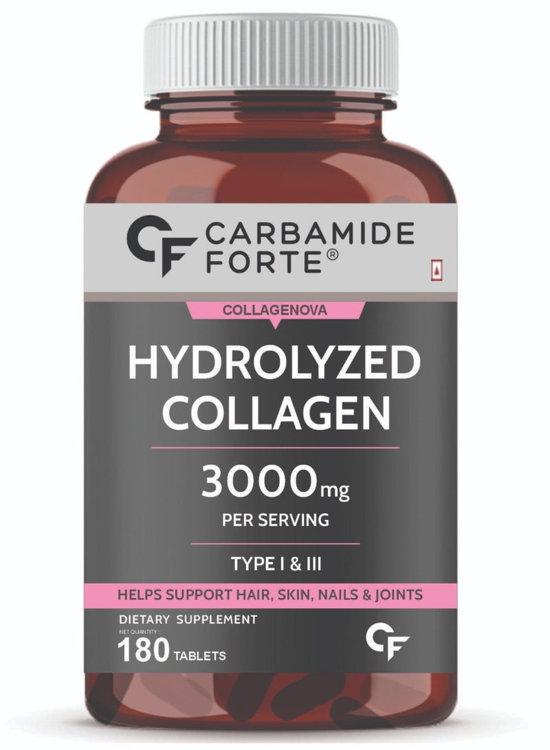 Hydrolyzed Collagen Peptides | 3000mg with Type 1 & 3 Collagen Powder - 180 Tablets