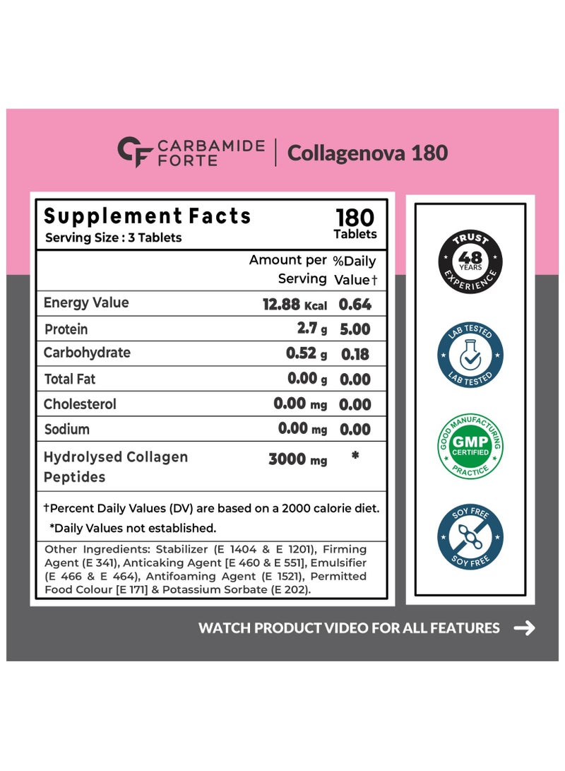 Hydrolyzed Collagen Peptides | 3000mg with Type 1 & 3 Collagen Powder - 180 Tablets