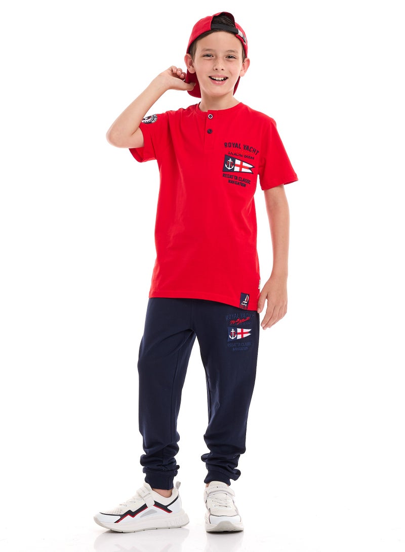 Victor and Jane Boys' 2-Piece T-Shirt & Jogger Set - Red - Navy