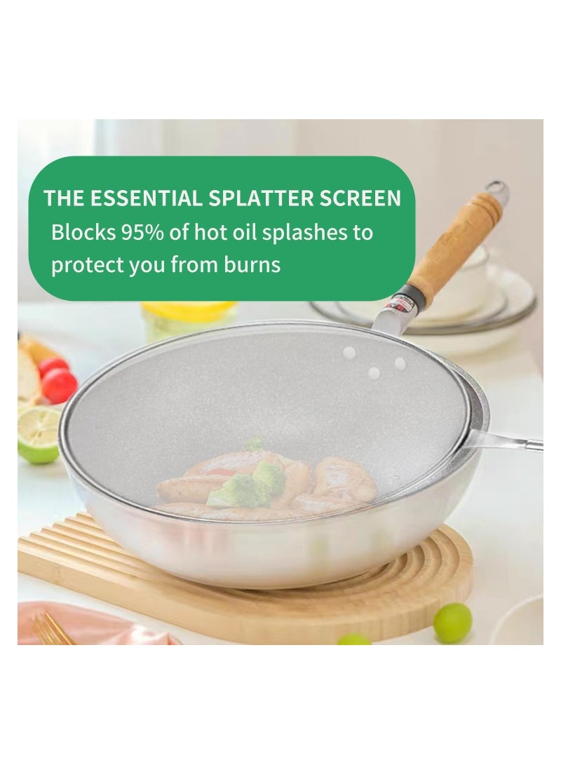 Grease Splatter Screen for Frying Pan Stainless Steel Grease Splatter Guard Stops 99% of Hot Oil Splash Protects Skin from Burns Iron Skillet Lid Keeps Kitchen Clean for Cooking Frying