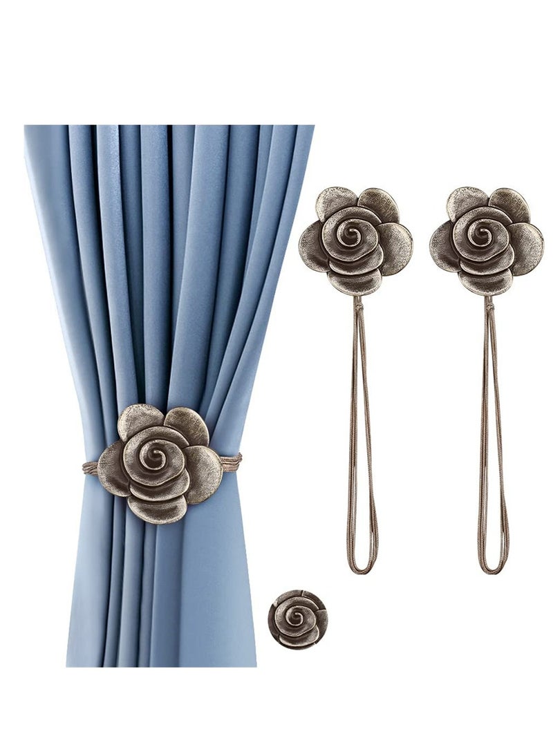 Magnetic Curtain Ties - 2 Pack Vintage Resin Flower Tiebacks, Decorative Holdbacks for Drapery, Ideal for Home, Office & Outdoor Use (Bronze)