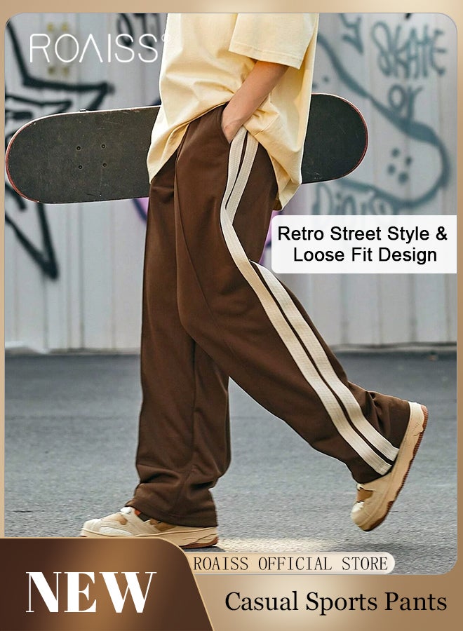 Retro Style Sports Pants for Men with Woven Belt Loose Fit Wide Leg Casual Pants for College Students with Waist Side Striped Decor Mens Breathable Simple All Match Trousers