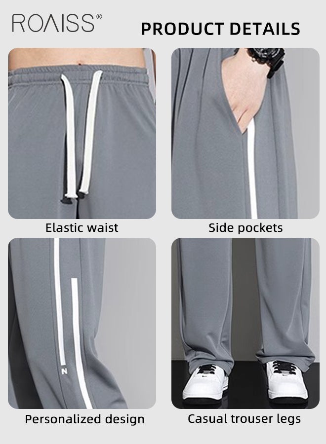 Drawstring Sports Pants for Men with Weave Belt and Waist Side Striped Fashionable Casual Simple All Match Trousers Cool to Touch Mens Loose Fit and Breathable Wide Leg Pants