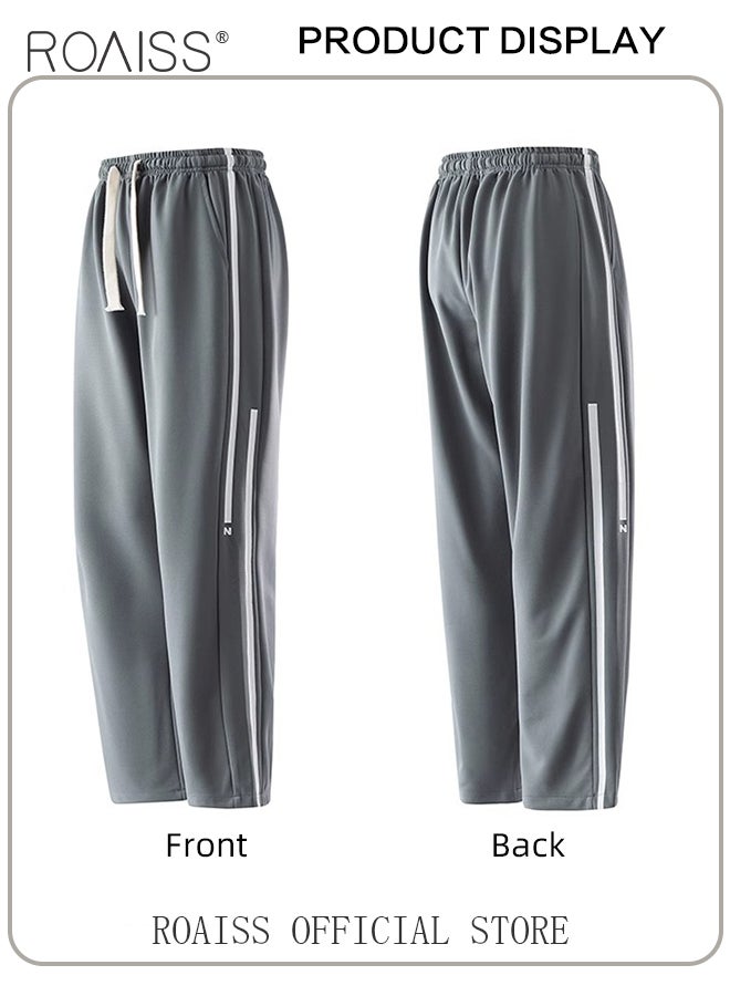 Drawstring Sports Pants for Men with Weave Belt and Waist Side Striped Fashionable Casual Simple All Match Trousers Cool to Touch Mens Loose Fit and Breathable Wide Leg Pants