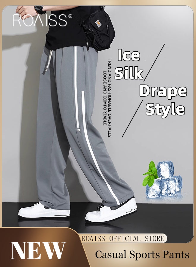 Drawstring Sports Pants for Men with Weave Belt and Waist Side Striped Fashionable Casual Simple All Match Trousers Cool to Touch Mens Loose Fit and Breathable Wide Leg Pants