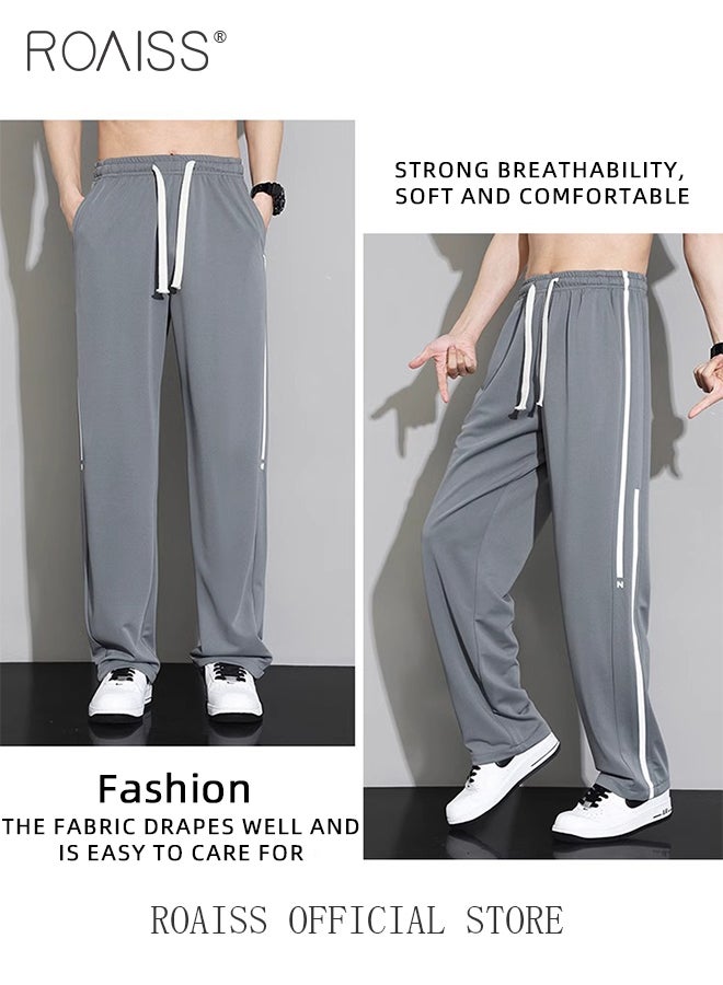 Drawstring Sports Pants for Men with Weave Belt and Waist Side Striped Fashionable Casual Simple All Match Trousers Cool to Touch Mens Loose Fit and Breathable Wide Leg Pants