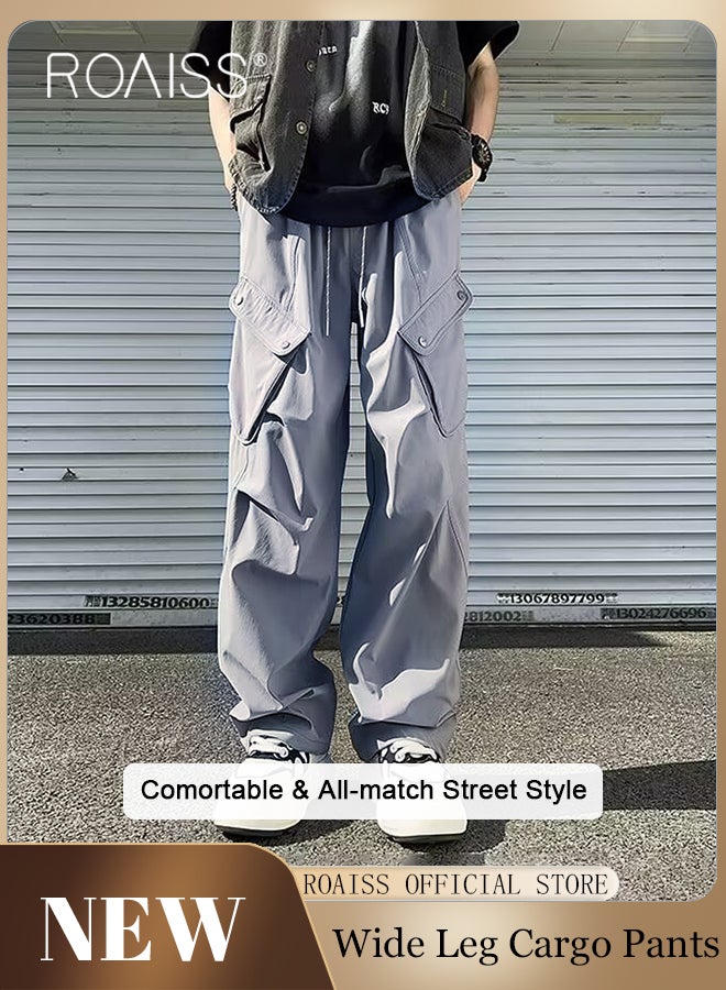 Fashionable Drawstring Thin Cargo Pants for Men Waist Straight Leg Loose Fit Streetwear Trousers with Flap Pockets with Retro Pleated Elements Mens Versatile Wide Leg Sports Pants