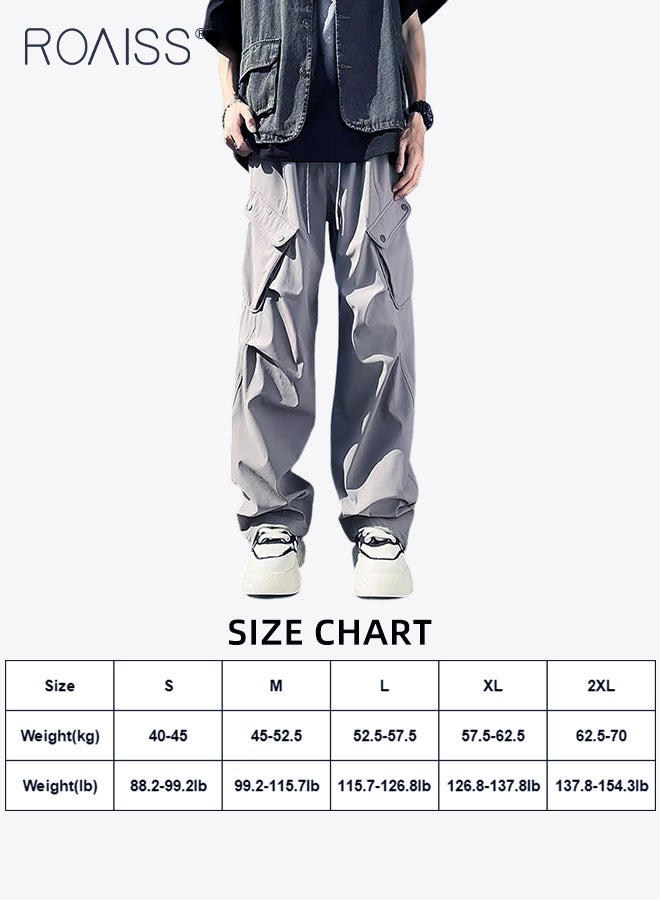 Fashionable Drawstring Thin Cargo Pants for Men Waist Straight Leg Loose Fit Streetwear Trousers with Flap Pockets with Retro Pleated Elements Mens Versatile Wide Leg Sports Pants