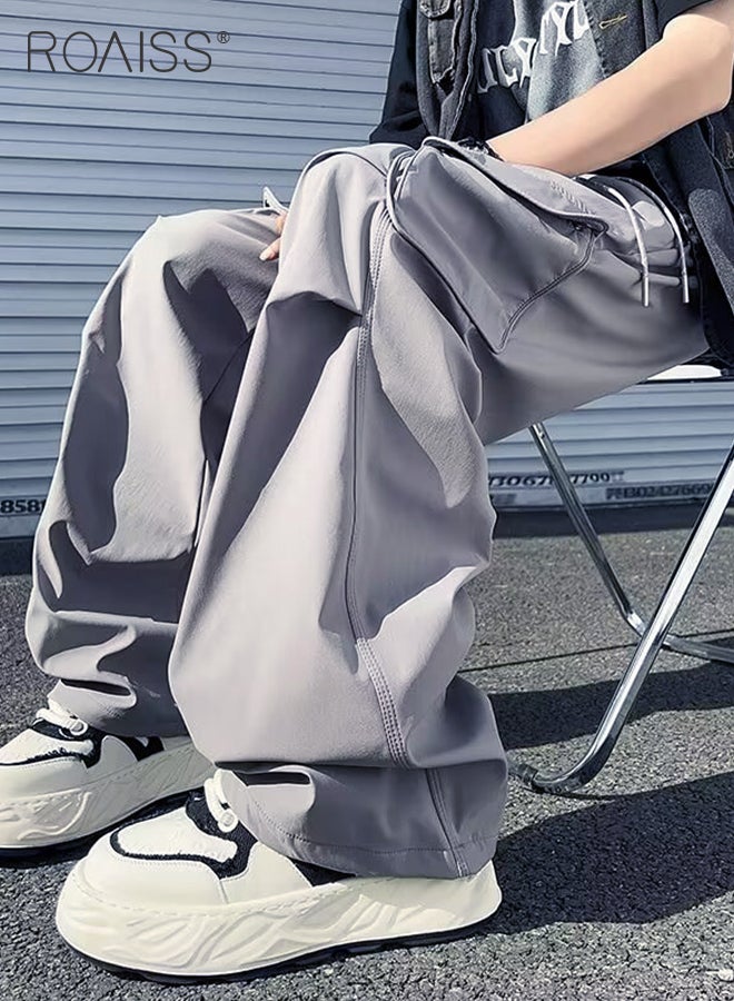 Fashionable Drawstring Thin Cargo Pants for Men Waist Straight Leg Loose Fit Streetwear Trousers with Flap Pockets with Retro Pleated Elements Mens Versatile Wide Leg Sports Pants