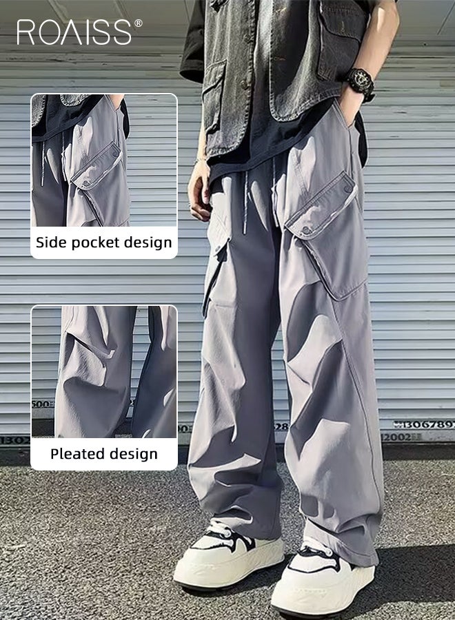 Fashionable Drawstring Thin Cargo Pants for Men Waist Straight Leg Loose Fit Streetwear Trousers with Flap Pockets with Retro Pleated Elements Mens Versatile Wide Leg Sports Pants