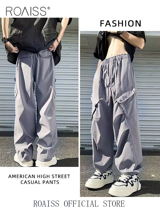 Fashionable Drawstring Thin Cargo Pants for Men Waist Straight Leg Loose Fit Streetwear Trousers with Flap Pockets with Retro Pleated Elements Mens Versatile Wide Leg Sports Pants