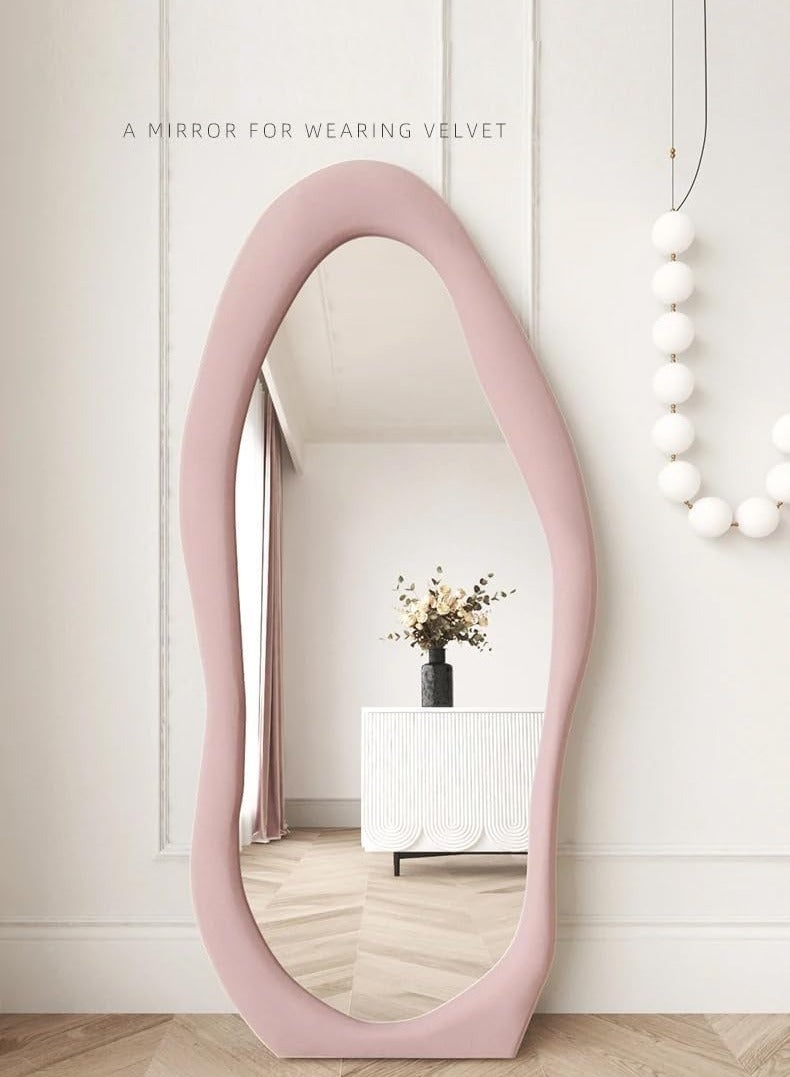 Full Length Mirror,Cloud Shaped Flannel Floor Mirror,Irregular Wavy Standing Mirror,Leaning or Hanging Against Wall for Living Room, Bedroom Size 60x160cm Pink