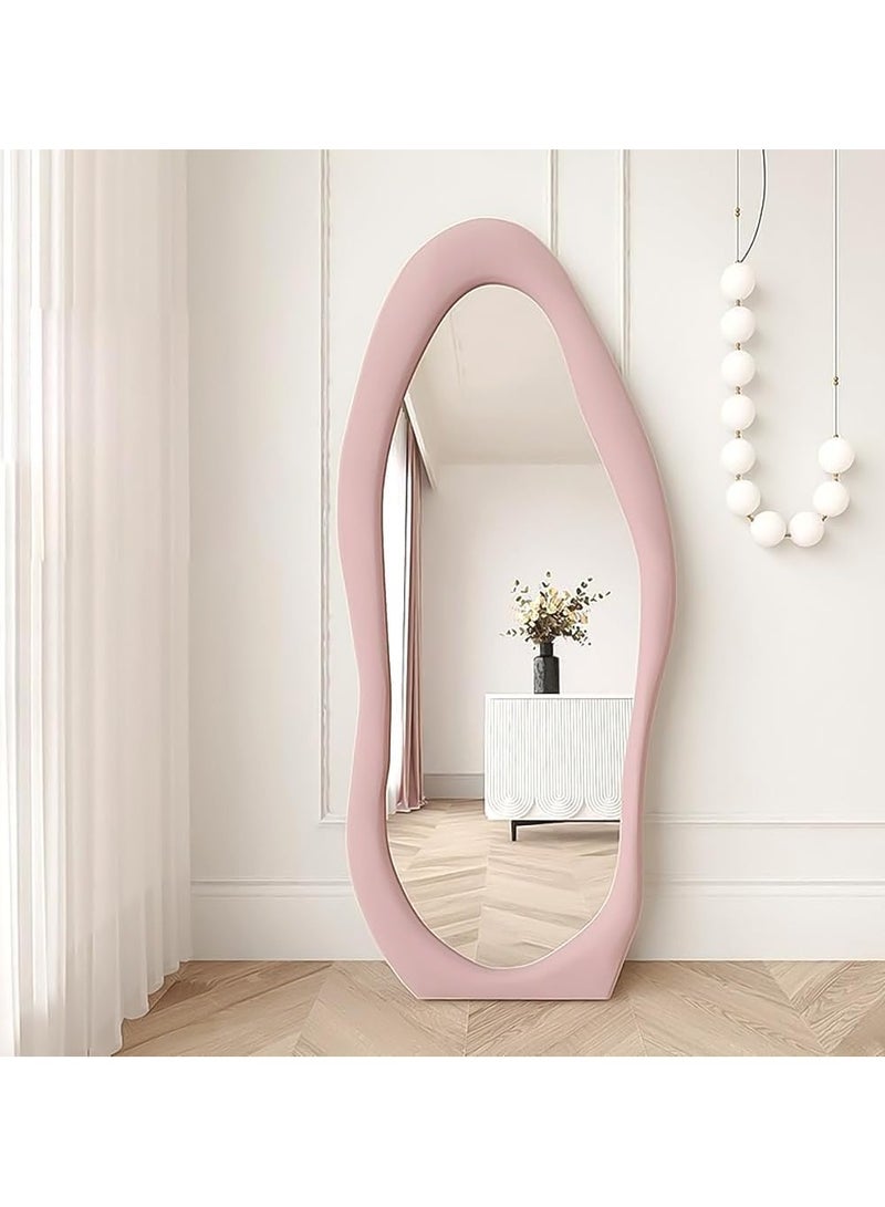 Full Length Mirror,Cloud Shaped Flannel Floor Mirror,Irregular Wavy Standing Mirror,Leaning or Hanging Against Wall for Living Room, Bedroom Size 60x160cm Pink