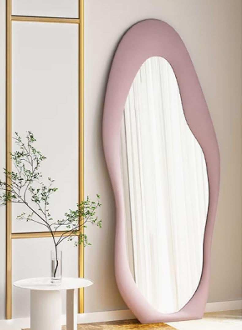 Full Length Mirror,Cloud Shaped Flannel Floor Mirror,Irregular Wavy Standing Mirror,Leaning or Hanging Against Wall for Living Room, Bedroom Size 60x160cm Pink
