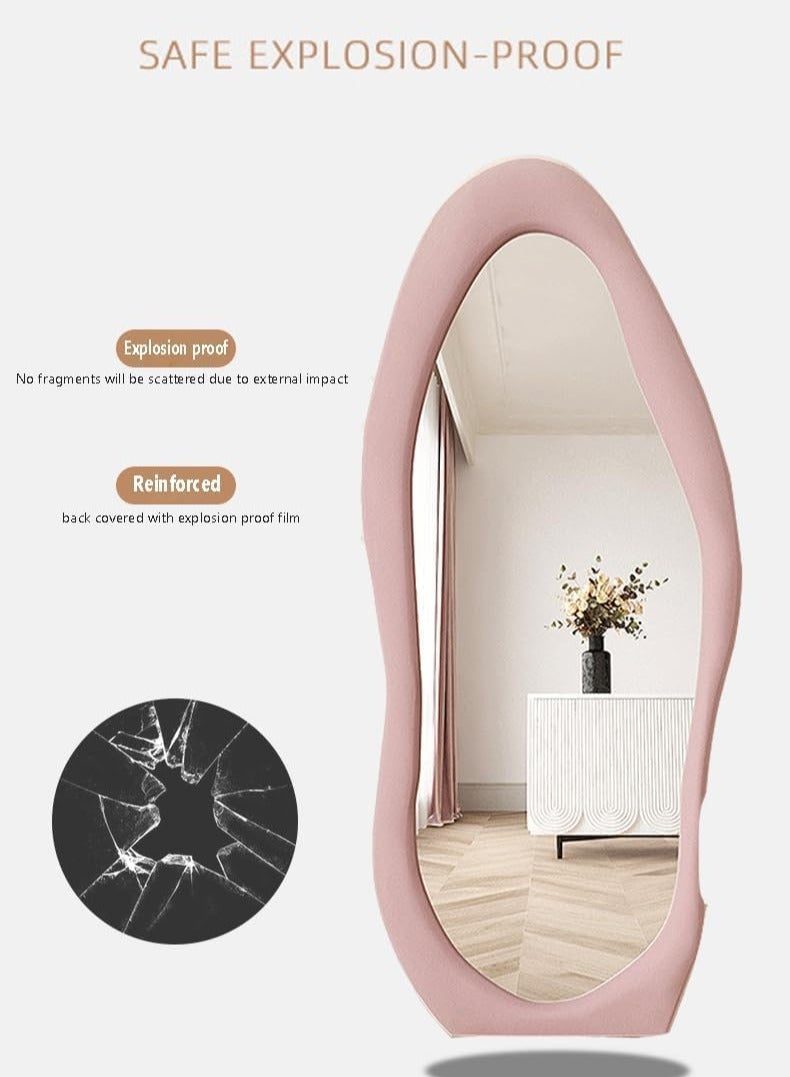 Full Length Mirror,Cloud Shaped Flannel Floor Mirror,Irregular Wavy Standing Mirror,Leaning or Hanging Against Wall for Living Room, Bedroom Size 60x160cm Pink