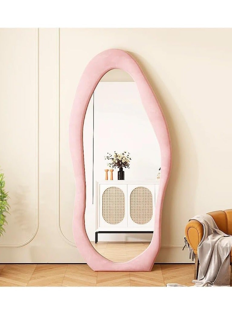 Full Length Mirror,Cloud Shaped Flannel Floor Mirror,Irregular Wavy Standing Mirror,Leaning or Hanging Against Wall for Living Room, Bedroom Size 60x160cm Pink