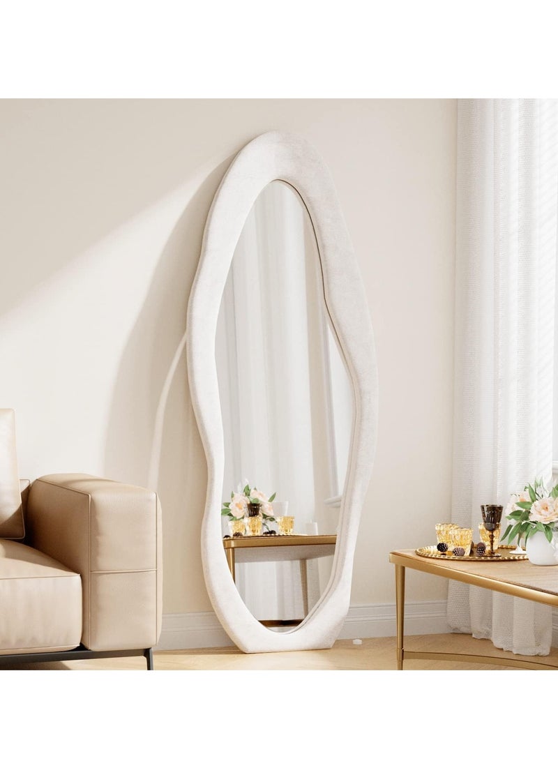 Full Length Mirror, Irregular Wavy Mirror Full Length, Wave Floor Mirror, Full Length Wall Mirror, Wall Mirror Standing Hanging or Leaning Against Wall for Bedroom (White)