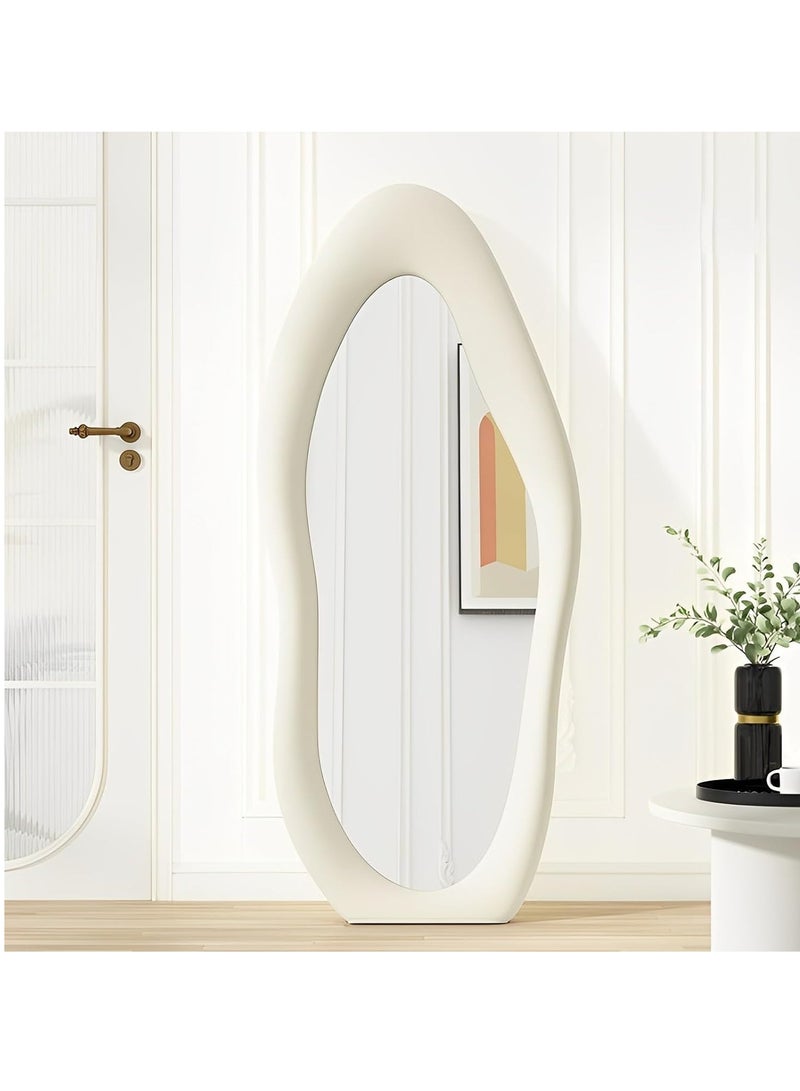 Full Length Mirror, Irregular Wavy Mirror Full Length, Wave Floor Mirror, Full Length Wall Mirror, Wall Mirror Standing Hanging or Leaning Against Wall for Bedroom (White)