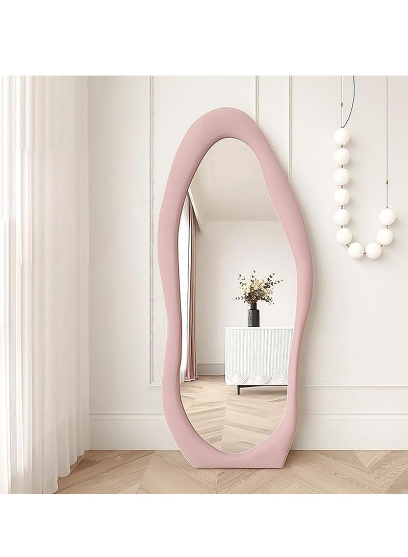 Irregular Wavy Mirror Full Length Mirror,Wave Floor Mirror, Wall Mirror Standing Hanging or Leaning Against Wall for Bedroom,Full Length Mirror (Pink)