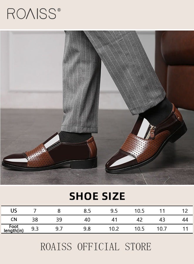 Men's Business Breathable Perforated Leather Shoes Fashion Versatile Pointed Formal Flat Shoes Side Zipper Patent Leather Anti Slip Leather Shoes