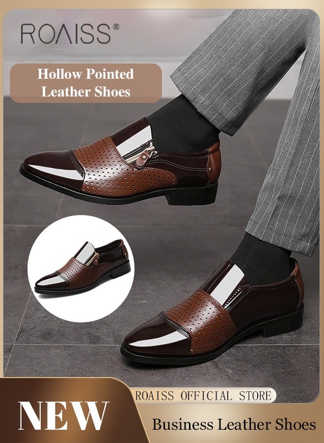 Men's Business Breathable Perforated Leather Shoes Fashion Versatile Pointed Formal Flat Shoes Side Zipper Patent Leather Anti Slip Leather Shoes