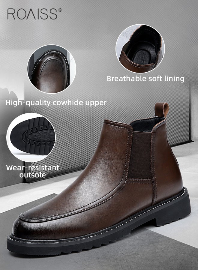 Genuine Leather Chelsea Boots for Men High-End Casual Comfy and Breathable Slip on Low Heel Formal Cowhide Ankle Boots Mens Fashionable Premium Soft Sole Pointed Martin Boots