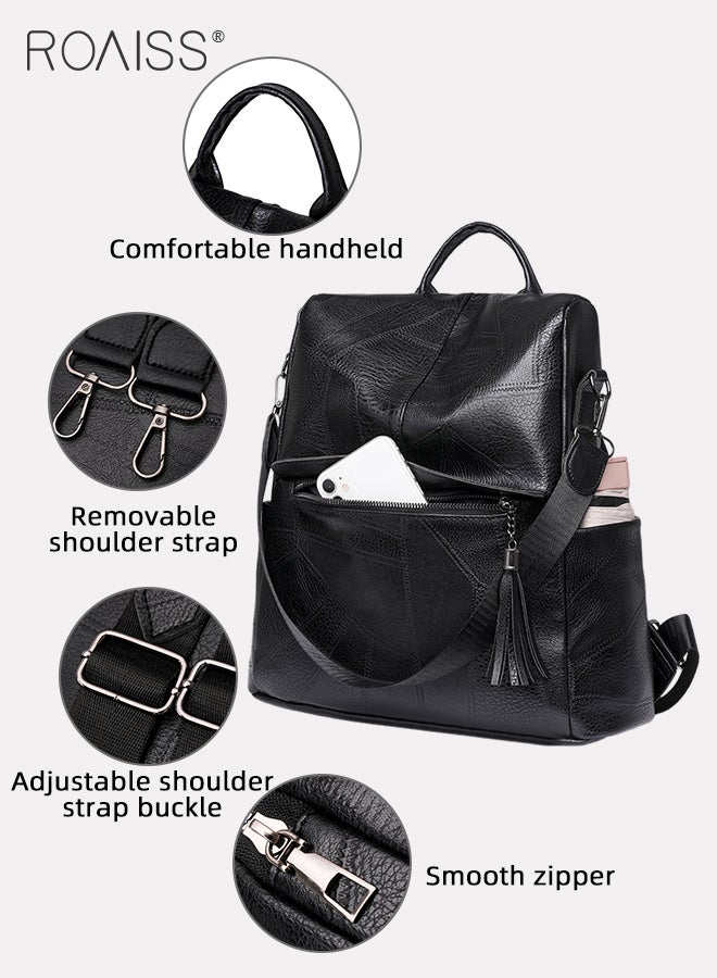 Multifunctional PU Leather Backpack for Women Large Capacity Anti-Theft Travel Daypack for Students Mothers Vintage Fringe Shoulder Bags Multipurpose Design Convertible Satchel Handbags