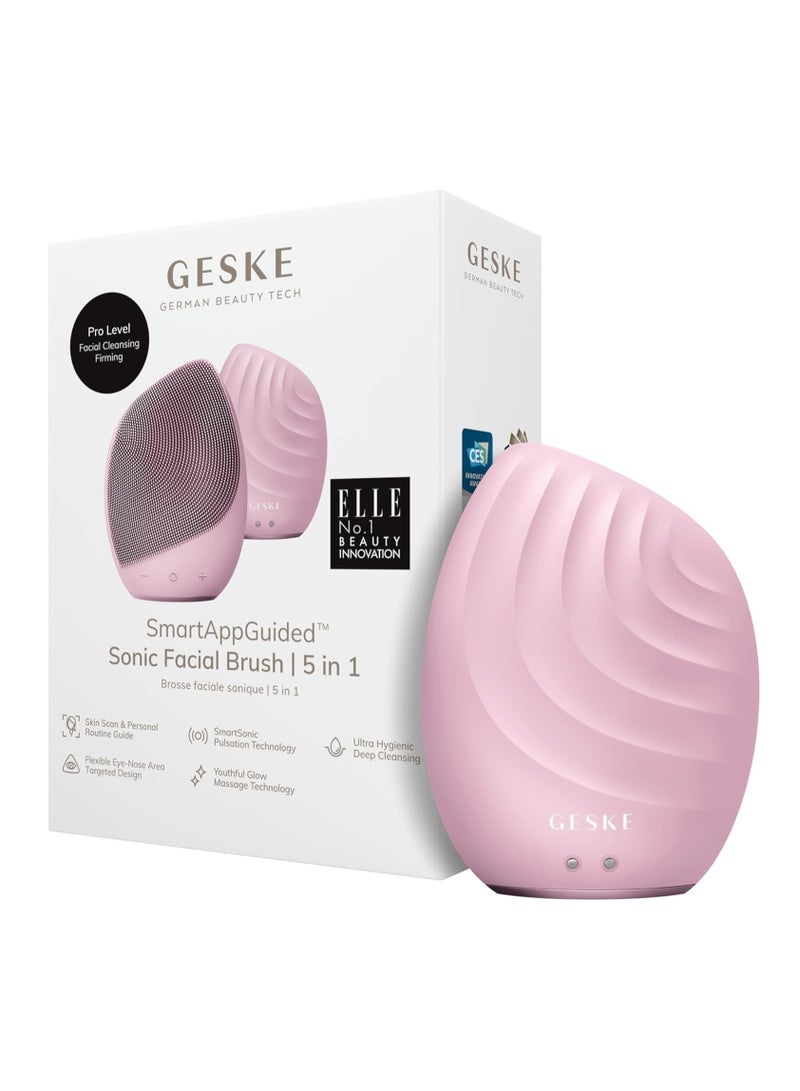 Smart App Guided Sonic Facial Brush 5 In 1 | Vibrating Electric Facial Cleansing Brush | Soft Silicone Brush | Professional Facial Cleanser | Skin Cleanser & Exfoliator | Face Massager - Pink