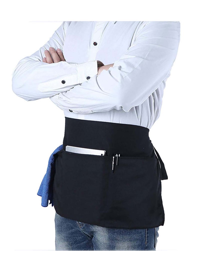 Waist Apron, Half Apron, Waiter Server Waist Aprons for Women Men, Stain & Wrinkle Resistant for Home and Kitchen Cooking, Waiters, Garden, Coffee, One Size Fits All (Black 2Pcs)