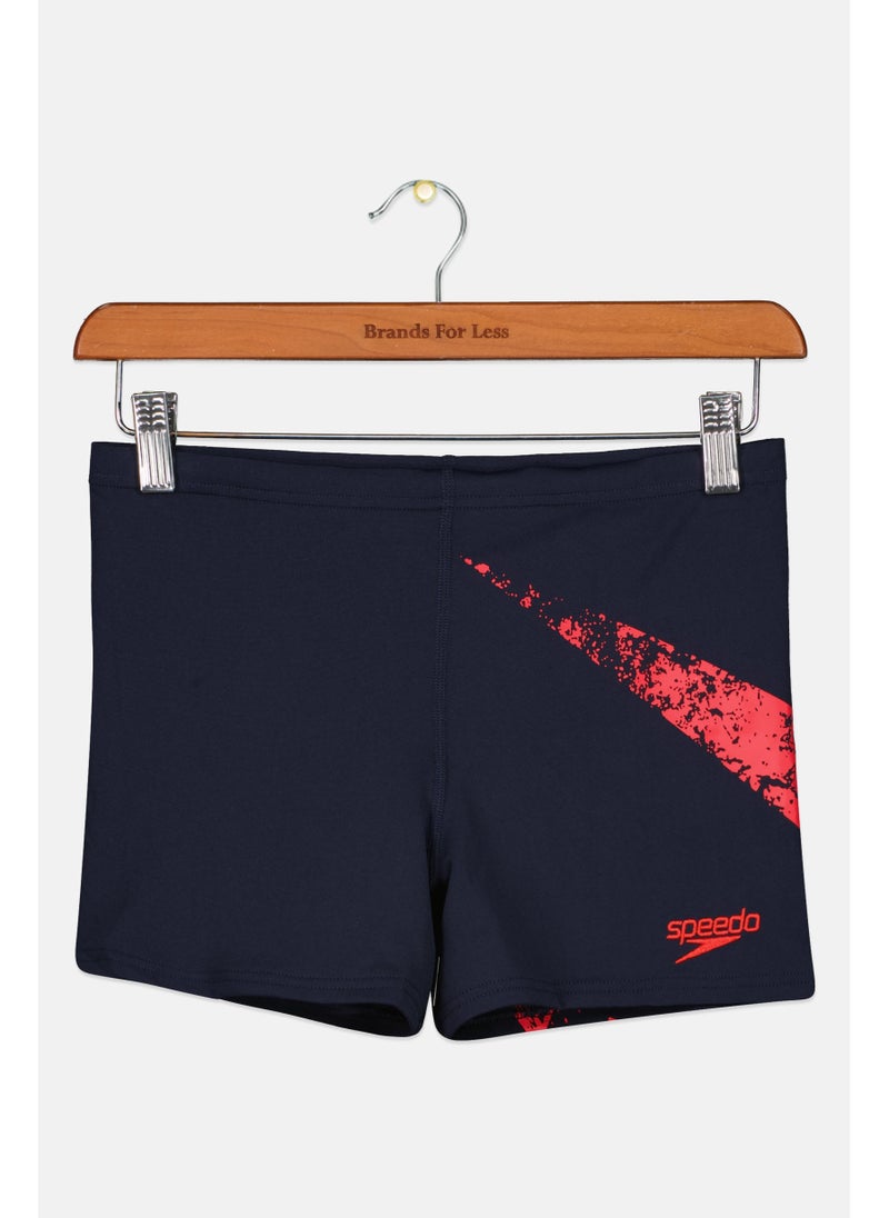 Men Embroidered Logo Swim Trunks, Navy/Red