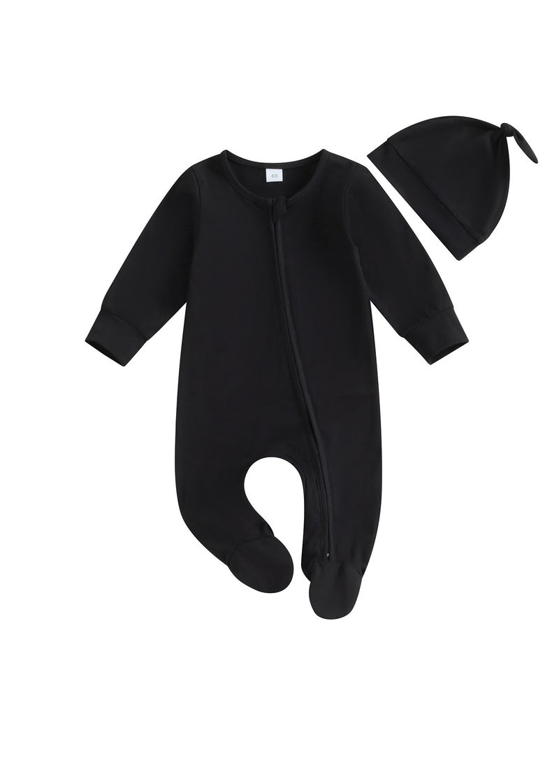 Baby Solid Color Zippered Foot-Covered Crawling Suit + Hat