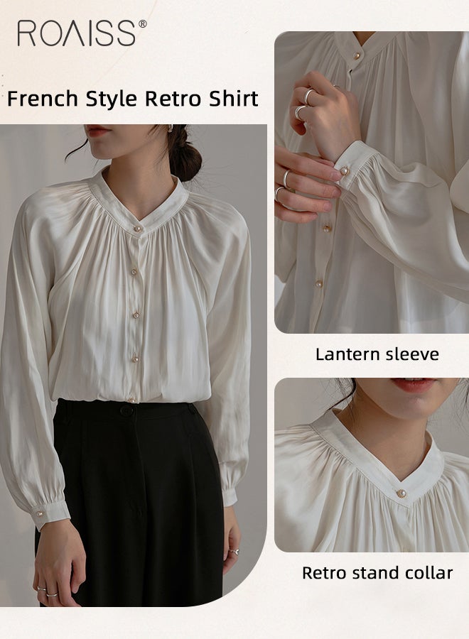 Comfy Satin Pleated Shirt for Women Casual Breathable Stand Collar Long Sleeve Shirts Ladies Retro Lantern Sleeve Temperament Skin Friendly Top Blouse for Daily Commute