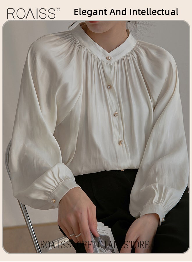 Comfy Satin Pleated Shirt for Women Casual Breathable Stand Collar Long Sleeve Shirts Ladies Retro Lantern Sleeve Temperament Skin Friendly Top Blouse for Daily Commute