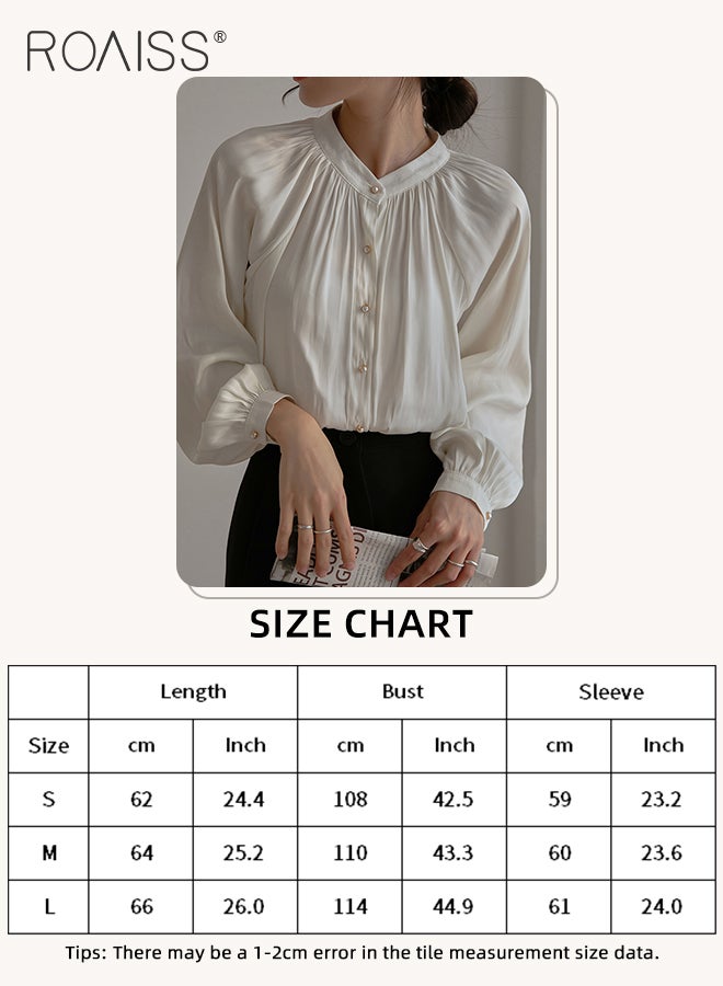 Comfy Satin Pleated Shirt for Women Casual Breathable Stand Collar Long Sleeve Shirts Ladies Retro Lantern Sleeve Temperament Skin Friendly Top Blouse for Daily Commute