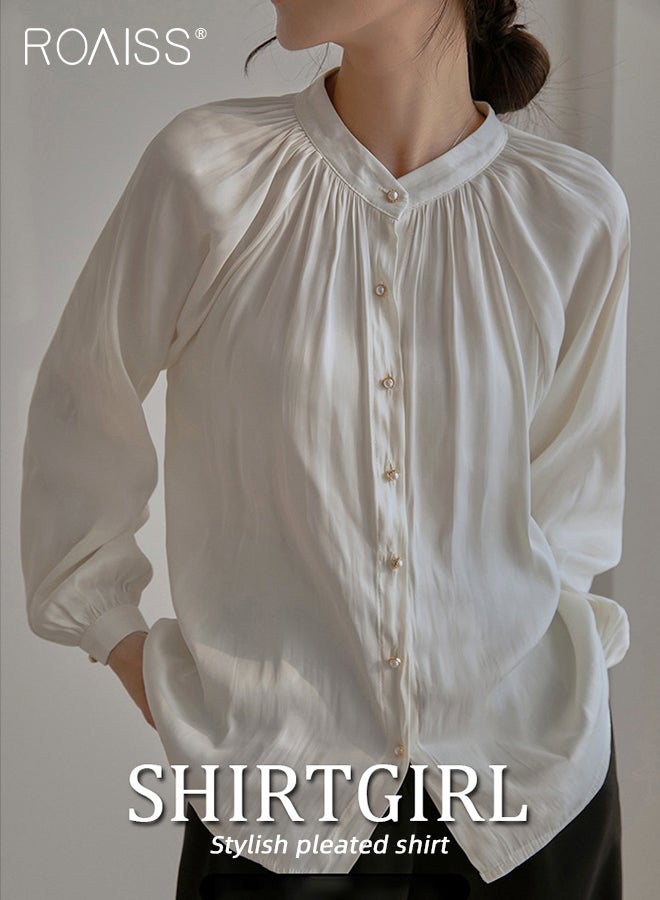 Comfy Satin Pleated Shirt for Women Casual Breathable Stand Collar Long Sleeve Shirts Ladies Retro Lantern Sleeve Temperament Skin Friendly Top Blouse for Daily Commute