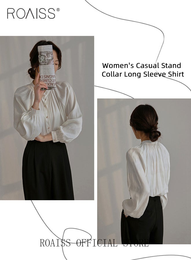 Comfy Satin Pleated Shirt for Women Casual Breathable Stand Collar Long Sleeve Shirts Ladies Retro Lantern Sleeve Temperament Skin Friendly Top Blouse for Daily Commute