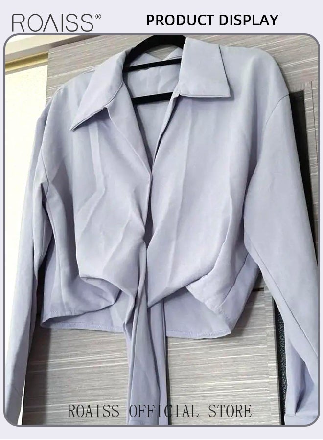 Long Sleeve Lapel Shirt  for Women with Tie Knot Back Design for Women Cross Wrap Front Temperament Waist Slimming Shirts Retro Solid Pullover Ladies Blouses Chic Button Office Shirts