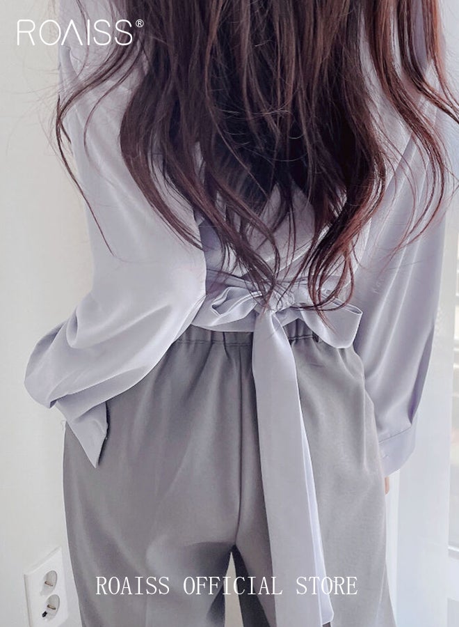 Long Sleeve Lapel Shirt  for Women with Tie Knot Back Design for Women Cross Wrap Front Temperament Waist Slimming Shirts Retro Solid Pullover Ladies Blouses Chic Button Office Shirts