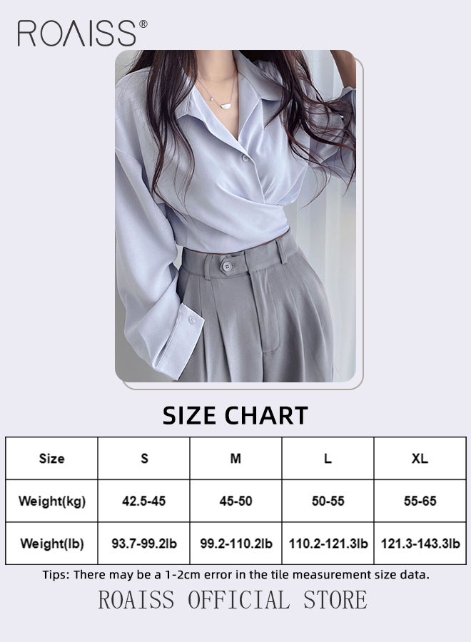 Long Sleeve Lapel Shirt  for Women with Tie Knot Back Design for Women Cross Wrap Front Temperament Waist Slimming Shirts Retro Solid Pullover Ladies Blouses Chic Button Office Shirts