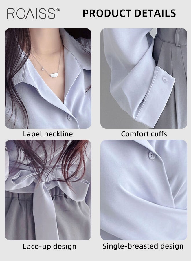 Long Sleeve Lapel Shirt  for Women with Tie Knot Back Design for Women Cross Wrap Front Temperament Waist Slimming Shirts Retro Solid Pullover Ladies Blouses Chic Button Office Shirts