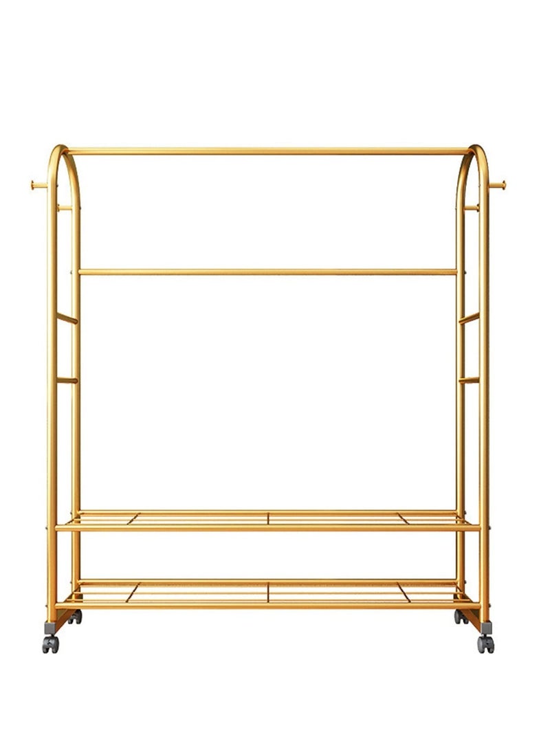 Clothes Rail Metal Garment Rail with Wheel 4 Side Hooks and 2 Lower Storage Shelf Freestanding Coat Stand with Hanging Rail for Bedroom (Gold color)