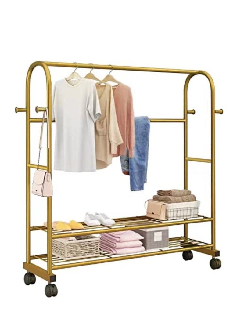 Clothes Rail Metal Garment Rail with Wheel 4 Side Hooks and 2 Lower Storage Shelf Freestanding Coat Stand with Hanging Rail for Bedroom (Gold color)