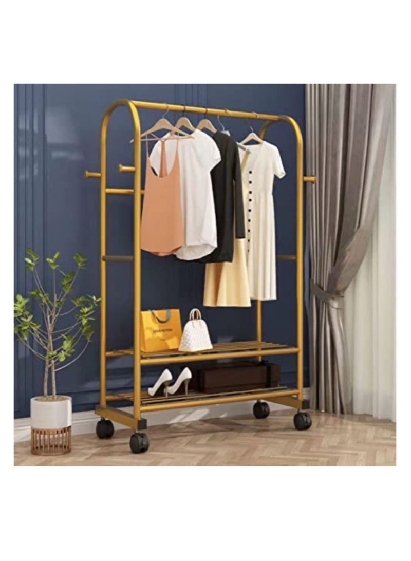 Clothes Rail Metal Garment Rail with Wheel 4 Side Hooks and 2 Lower Storage Shelf Freestanding Coat Stand with Hanging Rail for Bedroom (Gold color)