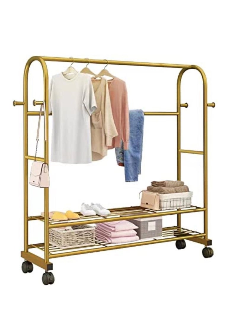 Clothes Rail Rack Coat Rack with Wheels Heavy Duty Clothing Rails Freestanding Garment Hanger with Top Rod and 2 Tier Lower Storage