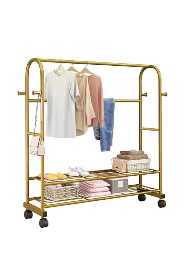 Clothes Rail Metal Garment Rail with Wheel 4 Side Hooks and 2 Lower Storage Shelf Freestanding Coat Stand with Hanging Rail for Bedroom (Gold color)