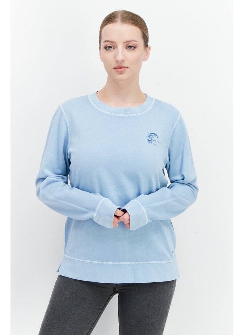 Women Crew Neck Long Sleeve Solid Sweater, Light Blue