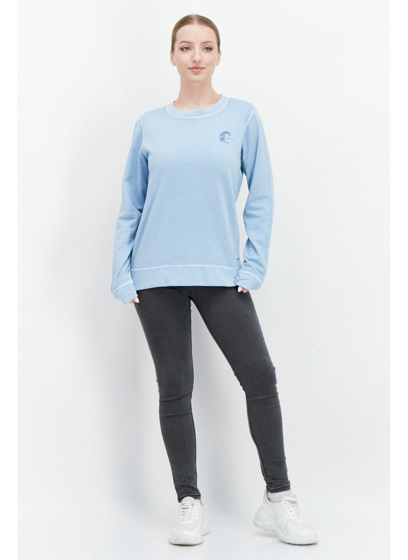 Women Crew Neck Long Sleeve Solid Sweater, Light Blue